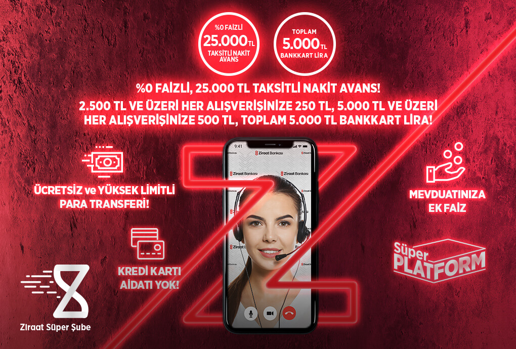 Kırmızı arka plan üzerinde iki adet akıllı telefon, üzerinde kadın portresi ve çeşitli bankacılık ikonları. Sağ alt köşede Ziraat Bankası logosu ve metinler yer alıyor.